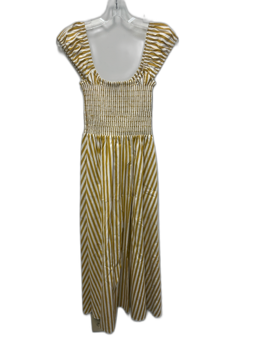 La Ligne Size XS Yellow & White Cotton Smocked Striped Pockets Midi Dress Yellow & White / XS