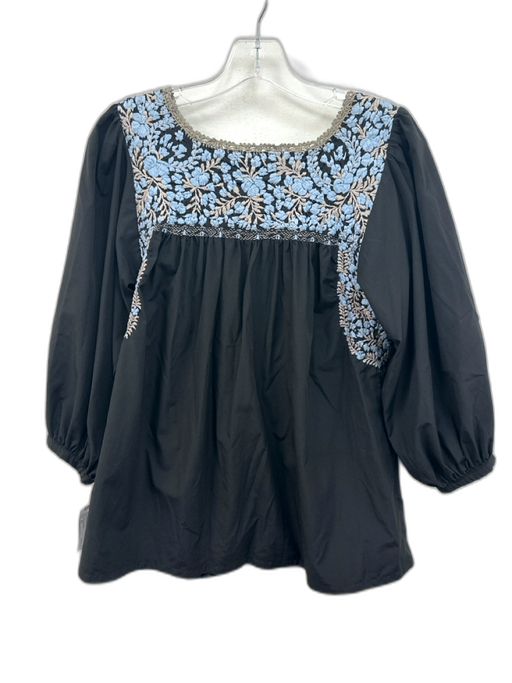 Mi Golondrina Size XS Blue, Gray, Black Long puff sleeve Floral Embroidery Top Blue, Gray, Black / XS