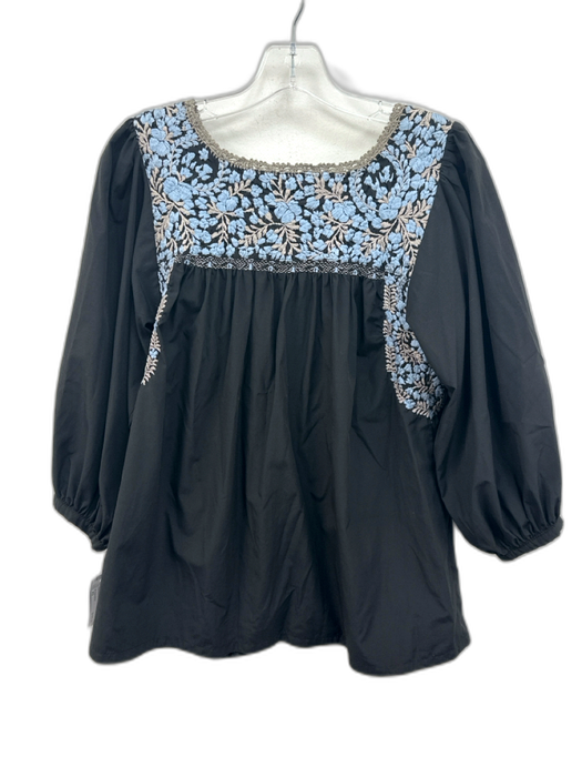 Mi Golondrina Size XS Blue, Gray, Black Long puff sleeve Floral Embroidery Top Blue, Gray, Black / XS