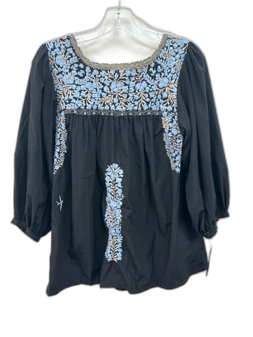 Mi Golondrina Size XS Blue, Gray, Black Long puff sleeve Floral Embroidery Top Blue, Gray, Black / XS