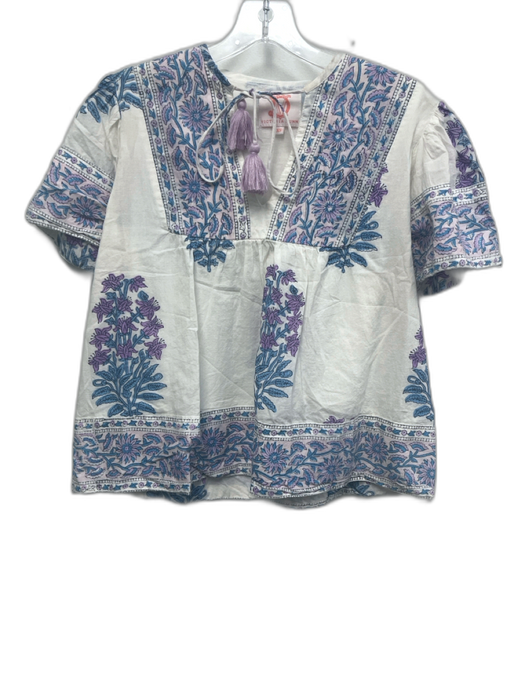 Victoria Dunn Size XS Blue, Purple, White Cotton Short Sleeve Floral Top Blue, Purple, White / XS