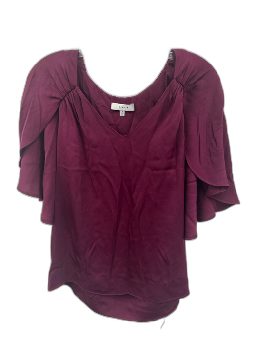 Milly Size Small Burgundy Silk Blend Short flutter sleeve Gathered V Neck Top Burgundy / Small
