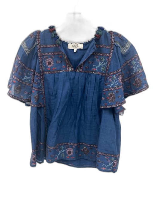 Sea New York Size Small Blue, Red, Green Cotton Short Sleeve Floral Gathered Top Blue, Red, Green / Small