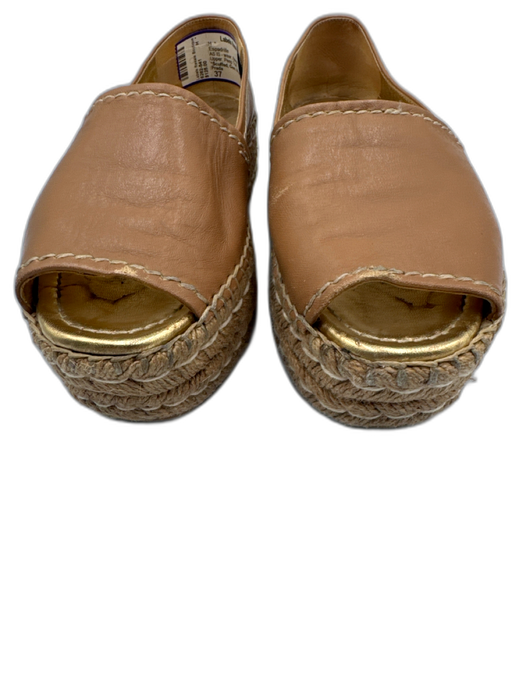 Prada Shoe Size 37 Beige & Gold Leather Upper Peep Toe Logo Embossed Espadrille Beige & Gold / 37