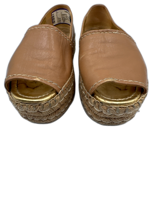 Prada Shoe Size 37 Beige & Gold Leather Upper Peep Toe Logo Embossed Espadrille Beige & Gold / 37