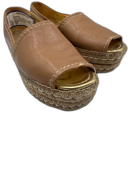 Prada Shoe Size 37 Beige & Gold Leather Upper Peep Toe Logo Embossed Espadrille Beige & Gold / 37