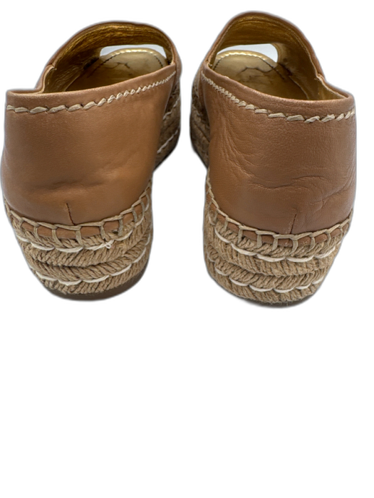 Prada Shoe Size 37 Beige & Gold Leather Upper Peep Toe Logo Embossed Espadrille Beige & Gold / 37