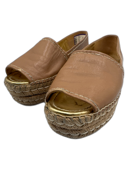 Prada Shoe Size 37 Beige & Gold Leather Upper Peep Toe Logo Embossed Espadrille Beige & Gold / 37