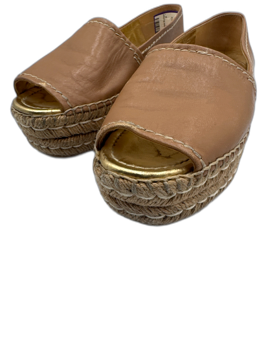 Prada Shoe Size 37 Beige & Gold Leather Upper Peep Toe Logo Embossed Espadrille Beige & Gold / 37