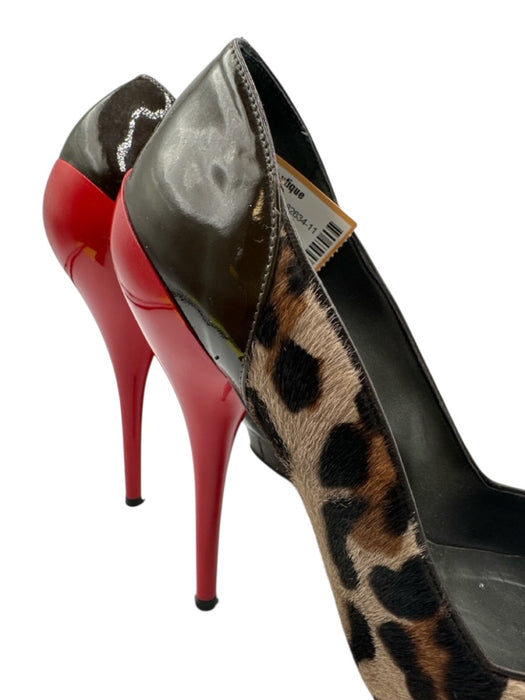 Versace Shoe Size 38 Brown & Red Pony Hair Pointed Toe Leopard Patent Pumps Brown & Red / 38