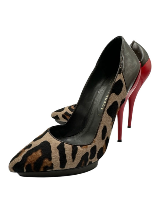 Versace Shoe Size 38 Brown & Red Pony Hair Pointed Toe Leopard Patent Pumps Brown & Red / 38