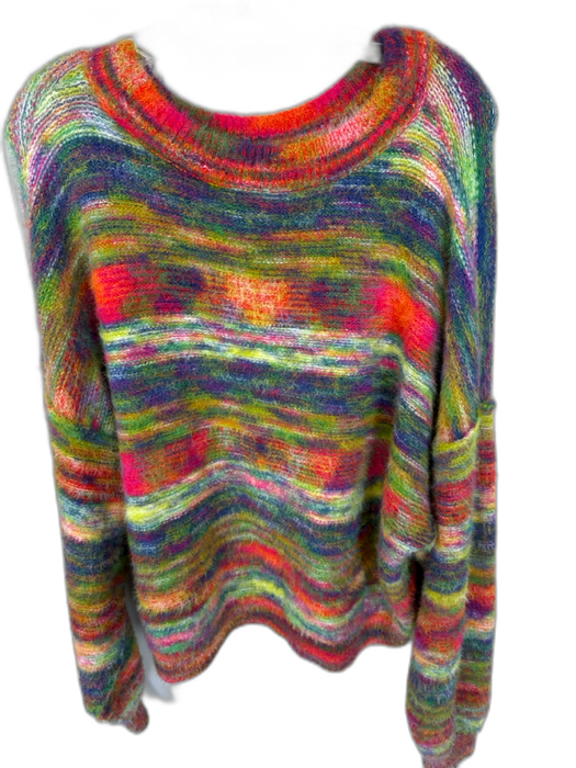 Free People Size L Rainbow Nylon & Acrylic Fuzzy Stripe Knit Relaxed Sweater Rainbow / L