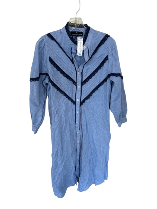 Pomander Place Size S Blue & Navy Cotton Long Sleeve Lace Detail Buttons Dress Blue & Navy / S