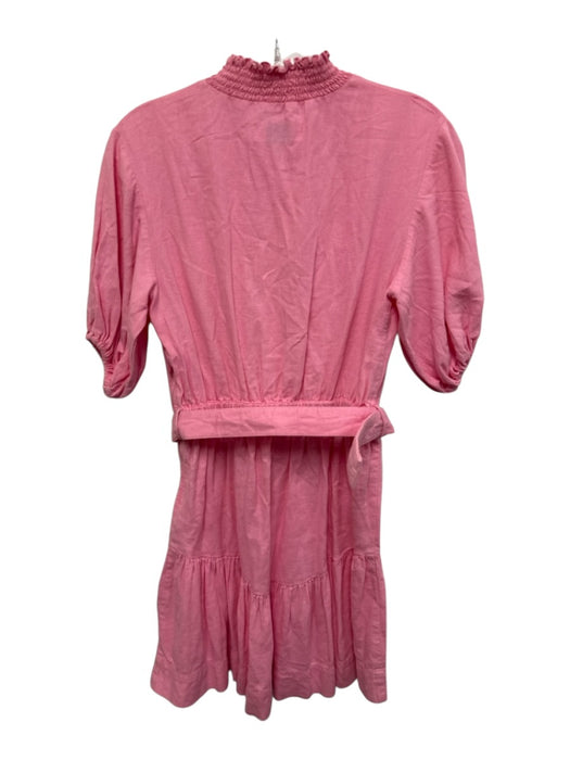 S/W/F Size XS Pink Linen Blend Short Balloon Sleeve Shirred Neckline Dress Pink / XS