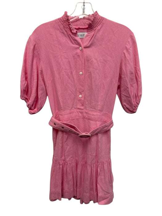 S/W/F Size XS Pink Linen Blend Short Balloon Sleeve Shirred Neckline Dress Pink / XS