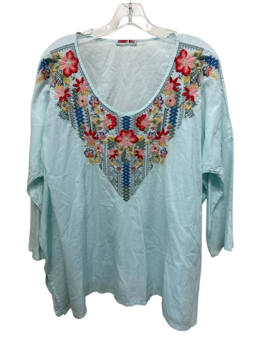 Johnny Was Size L Light Blue & Multi Cotton 3/4 Sleeve Floral Embroidery Top Light Blue & Multi / L