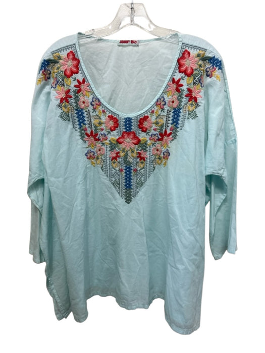 Johnny Was Size L Light Blue & Multi Cotton 3/4 Sleeve Floral Embroidery Top Light Blue & Multi / L