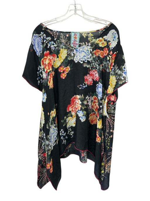 Johnny Was Size XL Black & Multi Rayon Sheer Scoop Neck Floral Cap Sleeve Dress Black & Multi / XL