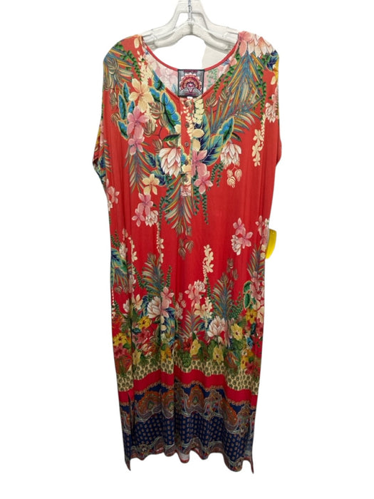 Johnny Was Size XL Orange & Multi Bamboo 1/2 Button Short Sleeve Floral Dress Orange & Multi / XL