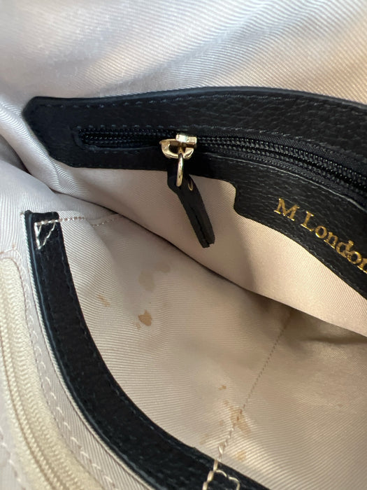 M London Black Pebble Leather Top Handle Adjustable Strap Gold Hardware Bag Black