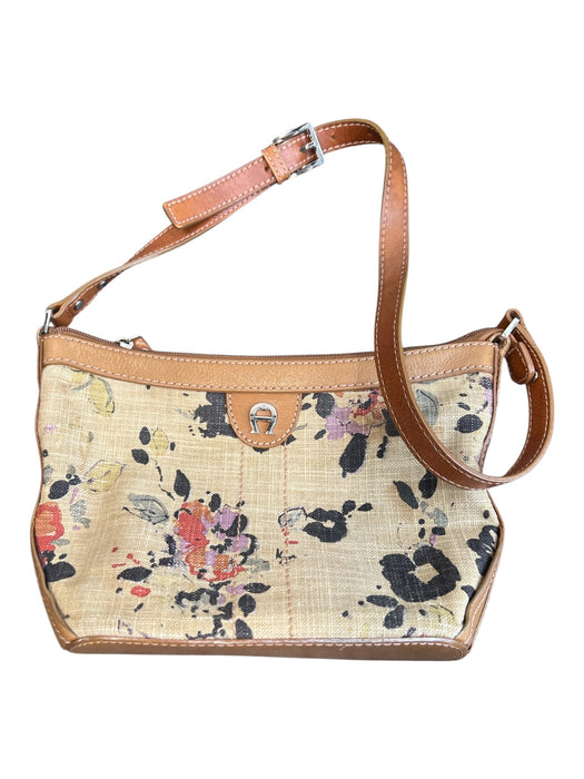 Etienne Aigner Brown & Tan Top Zipper Floral Shoulder Bag Brown & Tan / Small