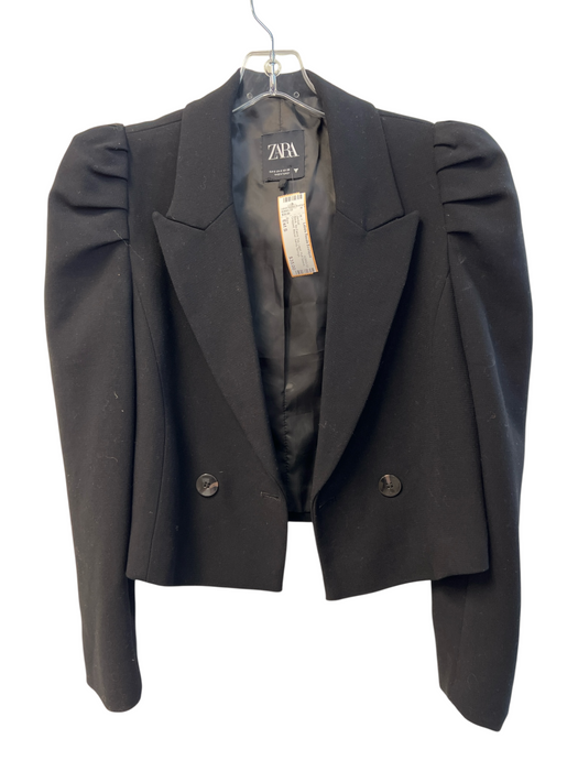 Zara Size Est S Black No Fabric Tag Lapel Puff Sleeve Cropped Blazer Jacket Black / Est S