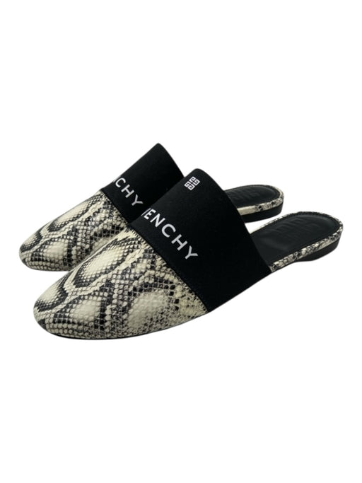Givenchy Shoe Size 40 Black & White Leather round toe Snake Print Logo Flats Black & White / 40