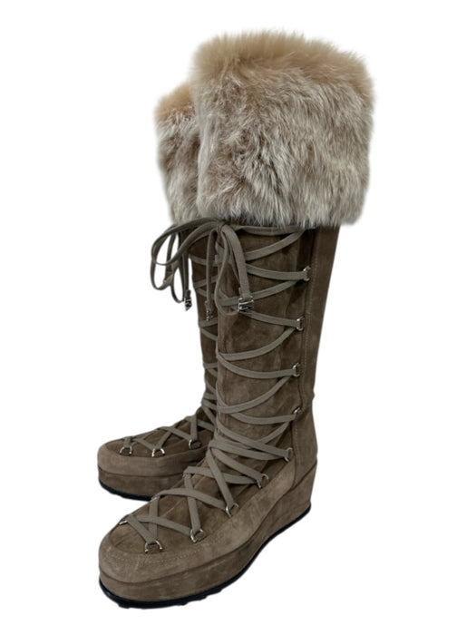 Stuart Weitzman Shoe Size 8.5 Taupe Beige Suede Upper Faux Fur Lace Up Boots Taupe Beige / 8.5