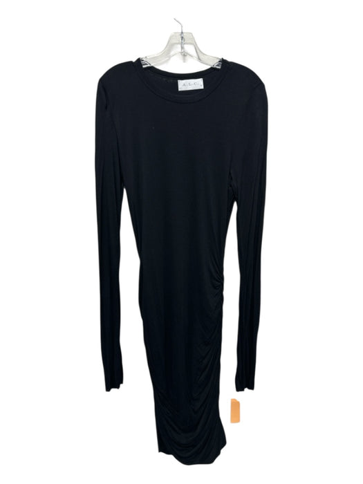 A.L.C. Size Large Black Viscose Long Sleeve Side Ruching Crew Neck Fitted Dress Black / Large