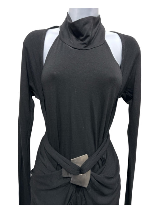 Donna Karan NY Size L Black Wool Jersey Long Sleeve Deep V Silver hardware Dress Black / L