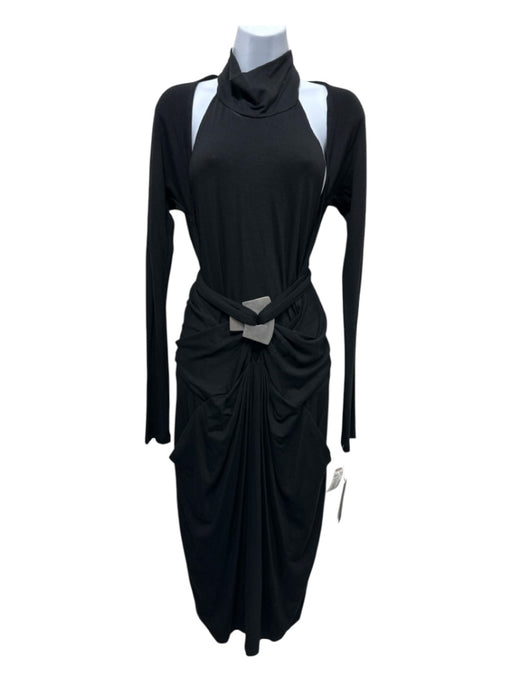 Donna Karan NY Size L Black Wool Jersey Long Sleeve Deep V Silver hardware Dress Black / L