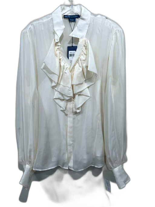 Ralph Lauren Size 14 Cream White Silk Long Sleeve Ruffle Front Button up Top Cream White / 14