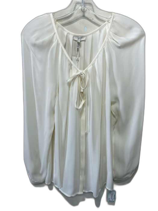 Joie Size L White Silk Long Sleeve Tie V Neck Button Up Gathered Detail Top White / L