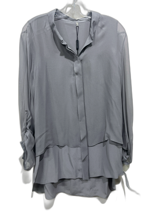 Elie Tahari Size L Gray Silk Sheer Long Sleeve Button Up Tiered Tunic Length Top Gray / L