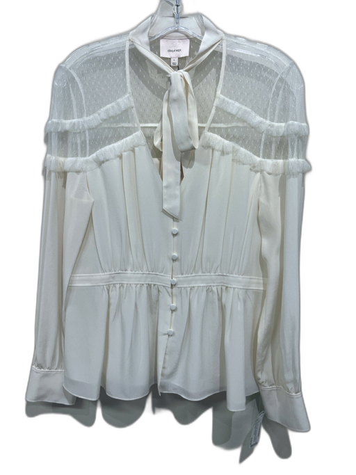 Cinq a Sept Size L White Silk Long Sleeve Button Front Tie Neck Mesh Panel Top White / L