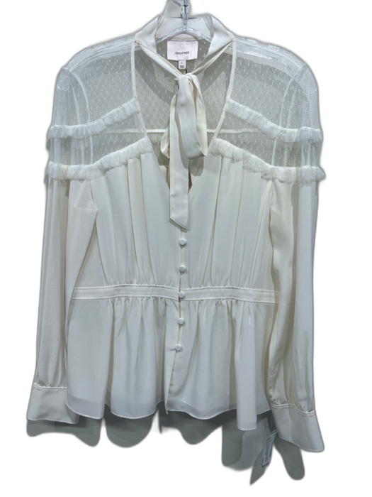 Cinq a Sept Size L White Silk Long Sleeve Button Front Tie Neck Mesh Panel Top White / L