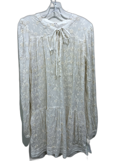 Free People Size M Cream White No Fabric Tag Floral Embroidered Tie V Neck Dress Cream White / M