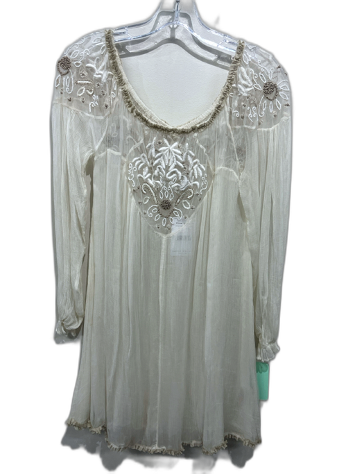Free People Size M Cream White & Beige Viscose Ruffle Trim Wide Neck Dress Cream White & Beige / M