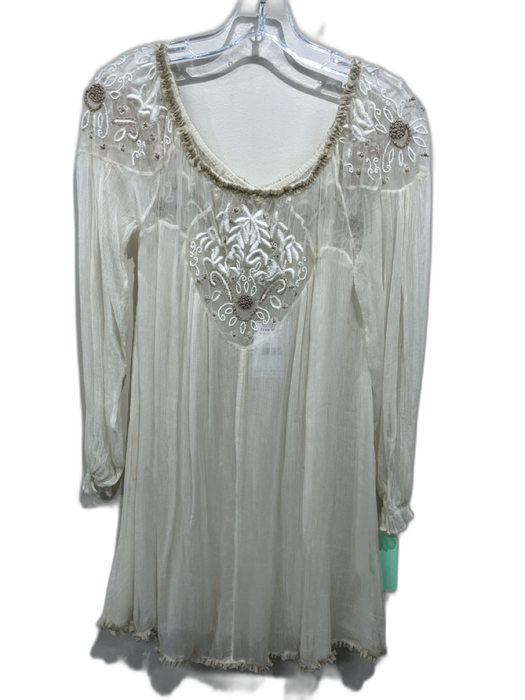 Free People Size M Cream White & Beige Viscose Ruffle Trim Wide Neck Dress Cream White & Beige / M