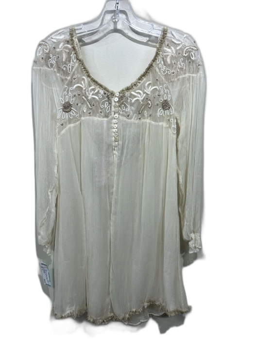 Free People Size M Cream White & Beige Viscose Ruffle Trim Wide Neck Dress Cream White & Beige / M