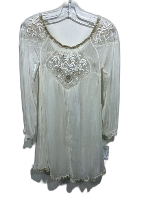 Free People Size M Cream White & Beige Viscose Ruffle Trim Wide Neck Dress Cream White & Beige / M