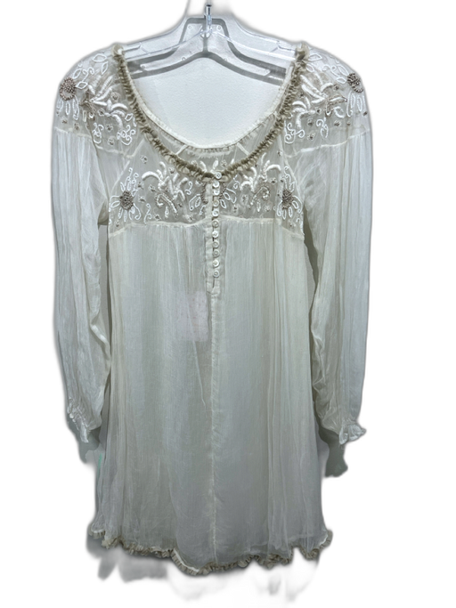 Free People Size M Cream White & Beige Viscose Ruffle Trim Wide Neck Dress Cream White & Beige / M