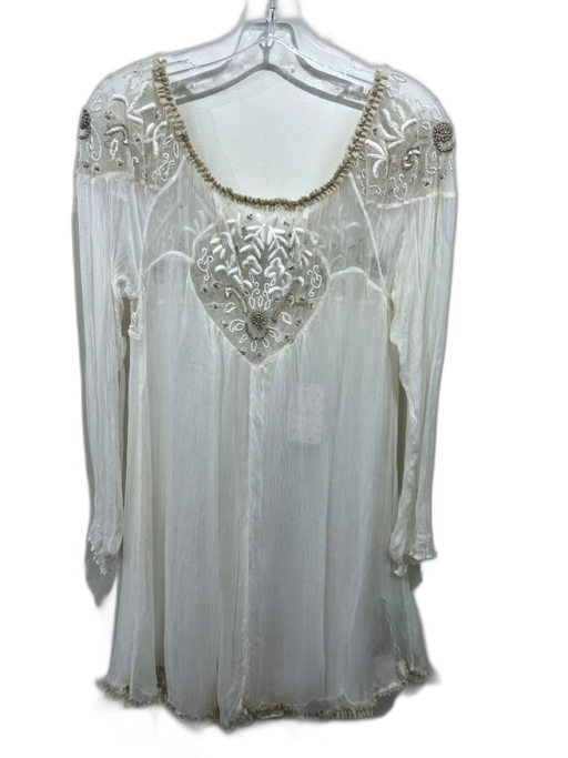 Free People Size L Cream White & Beige Viscose Ruffle Trim Wide Neck Dress Cream White & Beige / L