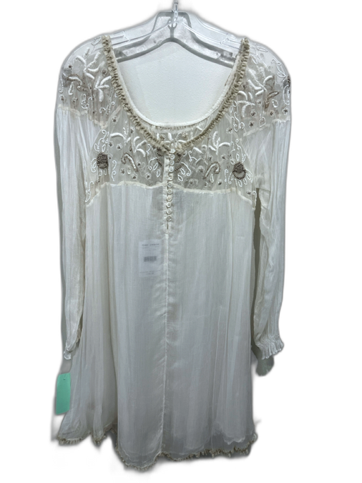 Free People Size L Cream White & Beige Viscose Ruffle Trim Wide Neck Dress Cream White & Beige / L