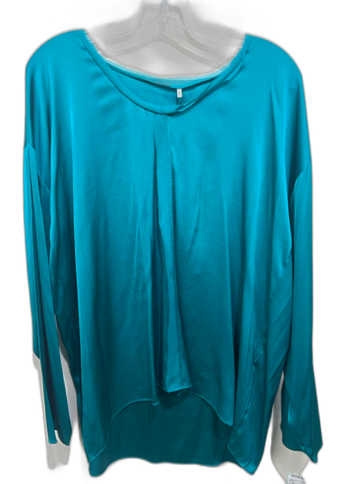 Elie Tahari Size L Teal Silk Blend Long Sleeve Frayed Detail U Neck Top Teal / L