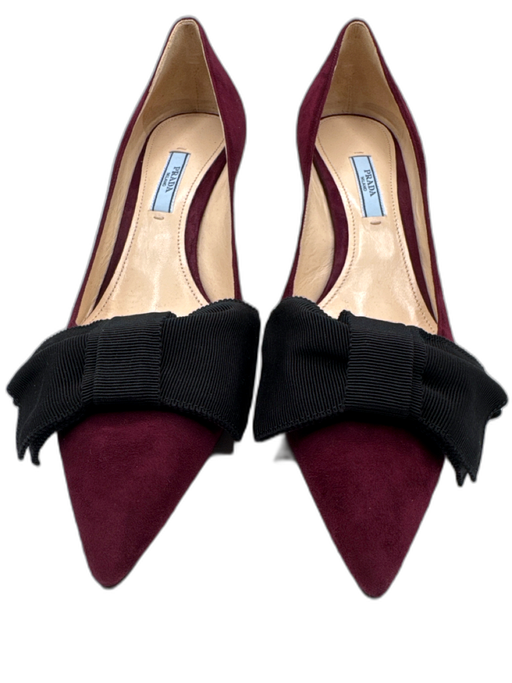 Prada Shoe Size 40 Burgundy Red & Black Leather Upper Suede Bow Mid Heel Pumps Burgundy Red & Black / 40