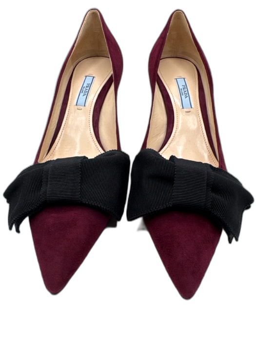 Prada Shoe Size 40 Burgundy Red & Black Leather Upper Suede Bow Mid Heel Pumps Burgundy Red & Black / 40