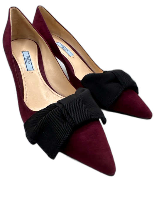 Prada Shoe Size 40 Burgundy Red & Black Leather Upper Suede Bow Mid Heel Pumps Burgundy Red & Black / 40