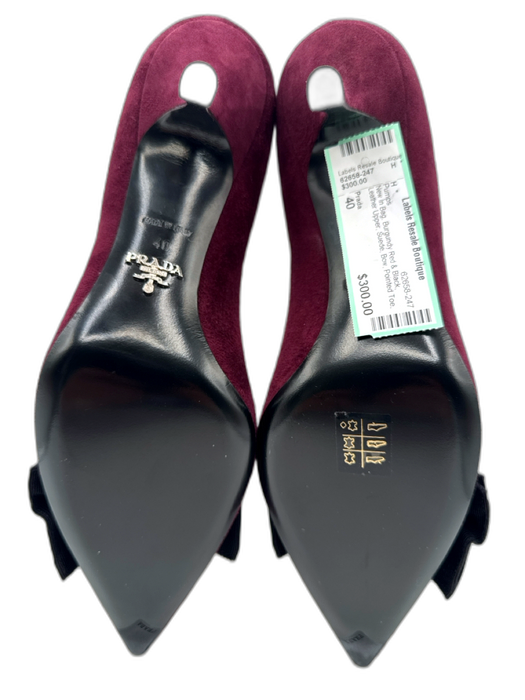 Prada Shoe Size 40 Burgundy Red & Black Leather Upper Suede Bow Mid Heel Pumps Burgundy Red & Black / 40