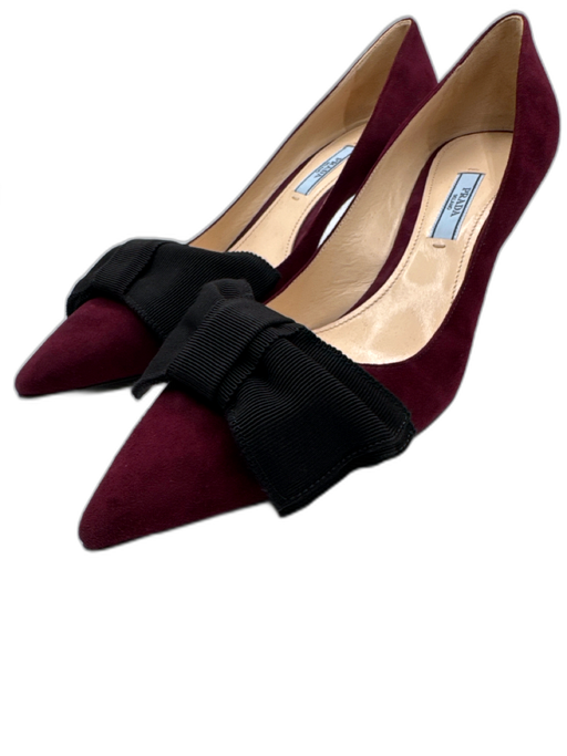 Prada Shoe Size 40 Burgundy Red & Black Leather Upper Suede Bow Mid Heel Pumps Burgundy Red & Black / 40